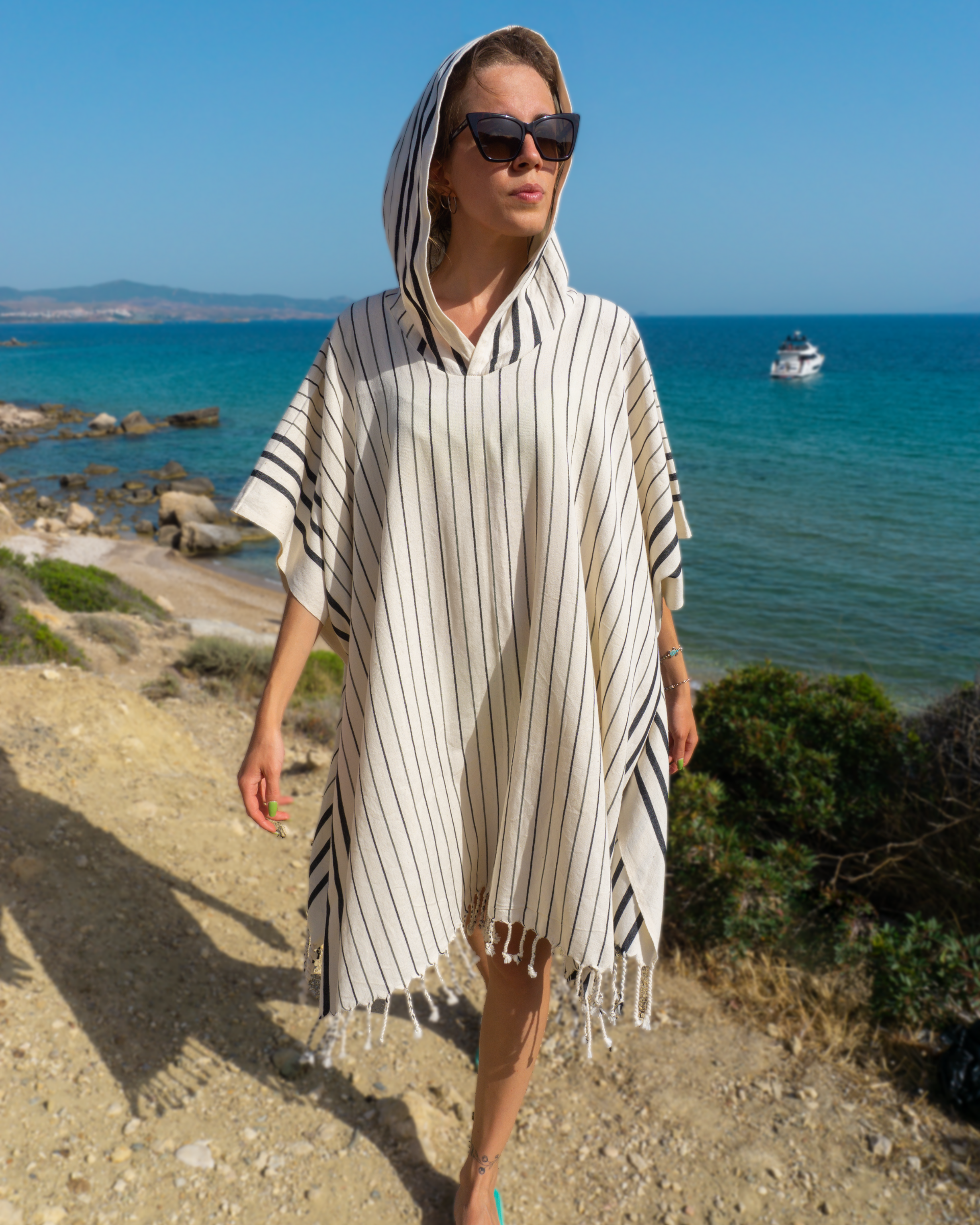 Women Hooded Beach Pool Spa Sauna Poncho, Changing Towel - Stripe Black, with Recycled Gift Box-0