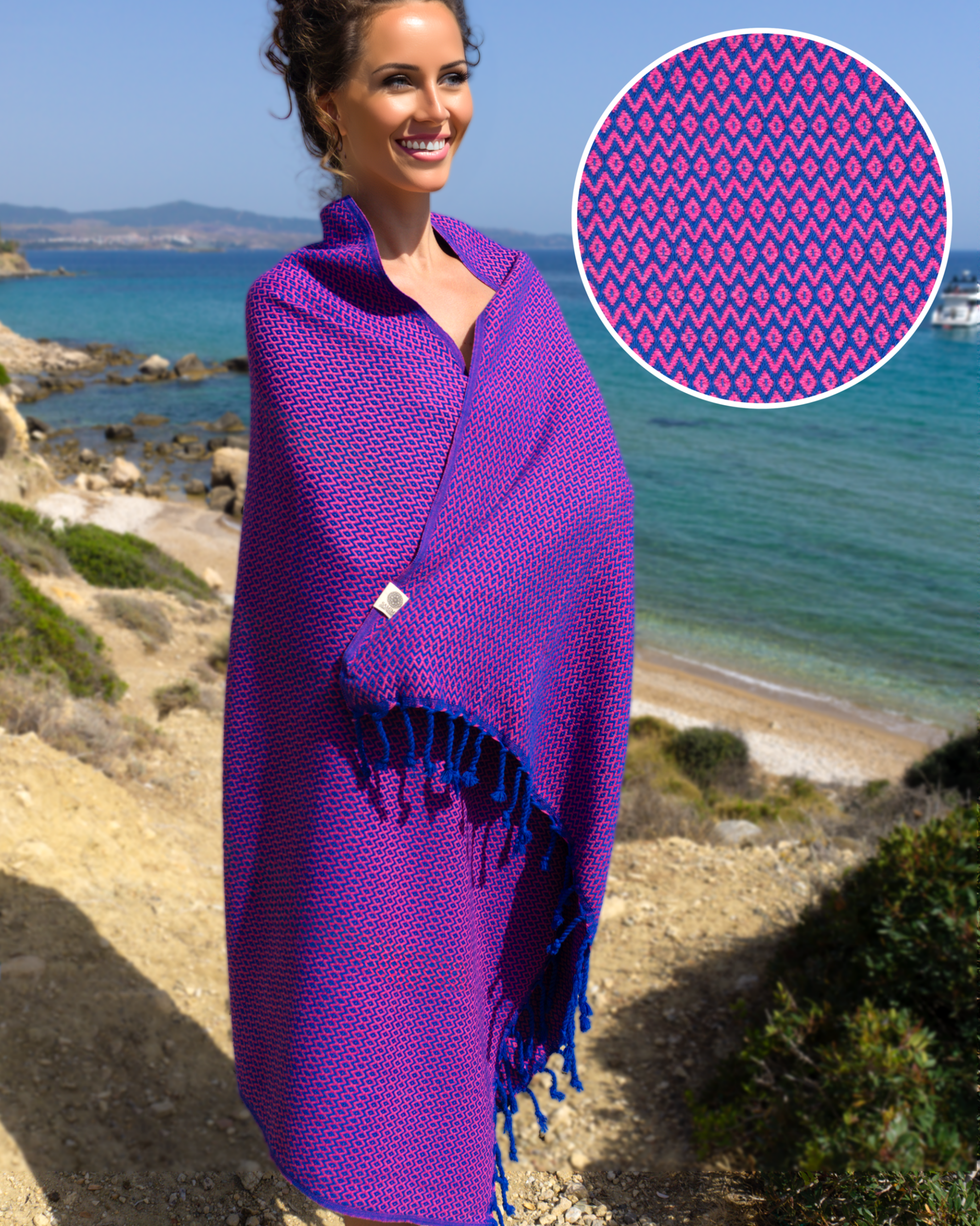 SAMOS Turkish Cotton Scarf Hammam Towel - Blue / Fuchsia-0